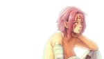  1girl alternate_hair_length alternate_hairstyle baiken bandages breasts cleavage facial_mark facial_tattoo forehead_mark guilty_gear hand_on_own_neck hitsuki_(hiidukii) large_breasts one-eyed pink_eyes pink_hair scar scar_across_eye short_hair simple_background solo tattoo topless white_background 