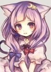  1girl animal_ears bell blush cat_ears cat_tail collar colored crescent_hair_ornament grey_background hair_ornament hair_ribbon highres kemonomimi_mode long_hair patchouli_knowledge puffy_sleeves purple_hair ribbon short_sleeves simple_background sketch solo tail touhou ukita_uuko upper_body violet_eyes 