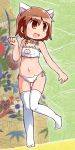  1girl animal_ears bell brown_hair cat_cutout cat_ears cat_keyhole_bra cat_lingerie collar fang full_body jinnouchi_akira kill_me_baby navel open_mouth oribe_yasuna paw_pose short_hair solo thigh-highs underwear white_legwear 