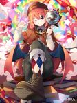  1girl argyle argyle_legwear blush book clouds copyright demon_wings detective hat long_hair magnifying_glass nmaaaaa official_art one_eye_closed rainbow red_eyes redhead sitting smile socks solo wings 
