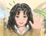  1girl amagami black_hair blazer blurry depth_of_field eyelashes facing_viewer green_eyes hallway hand_up lips long_hair looking_at_viewer messy_hair offter open_collar open_mouth school_hall smile solo_focus sweater tanamachi_kaoru upper_body waving 
