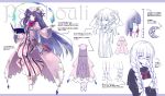  1girl alternate_costume alternate_hairstyle bespectacled book bow braid capelet character_name character_sheet cierra_(ra-bit) colored crescent crystal dress from_behind full_body glasses hair_bow hat letterboxed long_hair long_sleeves looking_at_viewer mob_cap open_book patchouli_knowledge profile purple_hair ribbon sailor_collar school_uniform shoes sketch striped striped_dress text touhou translation_request twin_braids upper_body wide_sleeves 