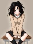  1girl amagami arm_support between_legs black_eyes black_hair black_legwear blazer brown_eyes desk facing_viewer guriko_(mossari) hand_between_legs knees long_hair looking_at_viewer messy_hair on_desk open_collar school_desk simple_background sitting skirt socks solo sweater tan_background tanamachi_kaoru 