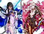  arjuna_(fate/grand_order) armor black_hair blue_eyes bow brown_eyes cape earrings fate/grand_order fate_(series) genderswap highres jewelry lancer_of_red messy_hair red_eyes weapon white_hair 