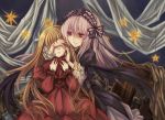  2girls ai_(creamcaramel) alternate_hairstyle bangs black_wings blonde_hair crying doll_joints dress flower frills hair_down hairband hand_on_another&#039;s_face hand_over_eye lace lolita_fashion lolita_hairband long_hair multiple_girls open_mouth parted_lips red_eyes rose rozen_maiden shinku siblings silver_hair sisters smile star suigintou wings yuri 