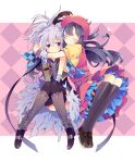  2girls ^_^ argyle argyle_background arms_around_neck asymmetrical_sleeves bandaged_arm bandages beret black_hair black_legwear blush boots checkered closed_eyes cross-laced_clothes cross-laced_footwear dress flower_(vocaloid) full_body hair_ornament hat hug kneehighs lace-up_boots long_hair multicolored_hair multiple_girls purple_hair ribbon scarf short_sleeves silver_hair sinaooo skirt smile thigh_strap two-tone_hair underbust very_long_hair violet_eyes vocaloid wrist_cuffs xin_hua 