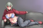  1girl blush breasts cleavage clothes_lift couch curvy flying_sweatdrops large_breasts navel o-ring_bikini older red_eyes rozen_maiden silver_hair solo suigintou sweater sweater_lift tsuda_nanafushi 