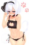  1girl bell bell_choker black_bra black_panties blush bra cat_keyhole_bra choker cleavage_cutout embarrassed hairband jingle_bell konpaku_youmu looking_at_viewer navel open_mouth panties paw_pose paw_print rukitsura short_hair side-tie_panties silver_hair simple_background solo touhou underwear underwear_only white_background 