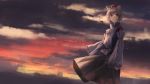  1girl amino_(tn7135) animal_ears clouds cloudy_sky detached_sleeves hat inubashiri_momiji japanese_clothes long_sleeves red_eyes short_hair silver_hair sky solo tokin_hat touhou wide_sleeves wolf_ears 