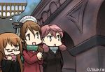  3girls akashi_(kantai_collection) alternate_costume aqueduct coat commentary crescent dated glasses hamu_koutarou hands_in_pockets hat kantai_collection littorio_(kantai_collection) mochizuki_(kantai_collection) multiple_girls overcoat scarf turtleneck 