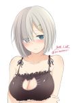  1girl bare_shoulders black_bra blue_eyes bra breast_hold breasts cat_keyhole_bra cleavage dated embarrassed eyes_visible_through_hair hair_ornament hairclip hamakaze_(kantai_collection) kantai_collection large_breasts lingerie looking_at_viewer mimamui short_hair silver_hair simple_background solo underwear upper_body wavy_mouth white_background 