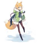  1girl animal_ears blonde_hair blue_eyes boots cloak cross-laced_footwear fox_ears fox_tail fur_trim holding hood hooded_cloak jacket lace-up_boots looking_at_viewer mittens open_mouth original pantyhose poco_(asahi_age) scarf shiratama_kitsune short_hair snowball solo tail white_background 