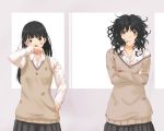  2girls after_battle amagami ayatsuji_tsukasa black_eyes black_hair blazer blood bloody_nose brown_eyes bruise crossed_arms glaring hand_on_hip hand_up injury long_hair looking_to_the_side messy_hair multiple_girls off_shoulder open_collar rubbing school_uniform scuffed shirt side-by-side simple_background skirt tanamachi_kaoru toki_(artist) torn_clothes torn_shirt window 
