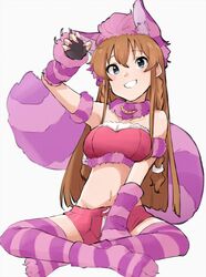  animal_ears animal_hands bandeau blue_eyes braid breasts brown_hair cat_ears cat_tail cheshire_cat_(alice_in_wonderland) commentary_request crossed_legs eyebrows_visible_through_hair fur_collar gloves grin hair_between_eyes idolmaster idolmaster_million_live! kakuanko kousaka_umi long_hair medium_breasts midriff navel paw_gloves paw_shoes sitting smile solo striped striped_legwear tail thigh-highs white_background zettai_ryouiki 