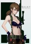  1girl artist_name bikini_top blue_gloves breasts brown_hair character_name cleavage copyright_name front-tie_bikini front-tie_top gloves gun highleg highleg_panties holding_gun holding_weapon metal_gear_(series) metal_gear_solid_v navel panties pantyhose ponytail quiet_(metal_gear) red_eyes ribs rifle shadowjwu signature sniper_rifle solo torn_clothes torn_pantyhose underwear weapon 