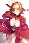  absurdres ahoge aiguillette blonde_hair breasts cleavage dress epaulettes fate/extra fate_(series) green_eyes highres leotard red_dress saber_extra see-through 