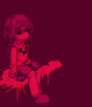  1girl arm_support black_sclera braid hair_between_eyes kneehighs looking_at_viewer madotsuki mary_janes mirin_(1815815) multiple_monochrome red red_background red_eyes shoes simple_background sitting skirt solo splatter tareme twin_braids yume_nikki 