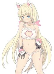  1girl angela_balzac animal_ears bangs bell bell_collar black_gloves blade_(galaxist) blonde_hair blue_eyes bra breasts cat_ears cat_keyhole_bra cleavage cleavage_cutout collar collarbone fake_animal_ears gloves looking_at_viewer lowleg lowleg_panties navel panties rakuen_tsuihou simple_background solo standing sweat underwear white_background white_bra white_panties 