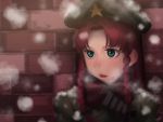  1girl amino_(tn7135) beret black_gloves blush braid gloves green_eyes hat hong_meiling long_hair open_mouth red_scarf redhead scarf snowing solo star touhou twin_braids upper_body 
