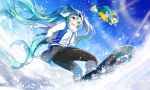  1girl blue_eyes coat goggles goggles_on_head hatsune_miku long_hair open_mouth rabbit smile snowboard solo twintails very_long_hair vocaloid winter_clothes winter_coat yuki_miku yunkel_(zeijaku_mental) 