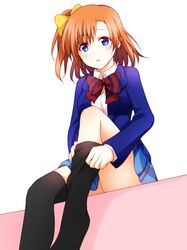  1girl black_legwear blazer blue_eyes blush bow dressing fujisaki_kyouya highres kousaka_honoka leg_up looking_at_viewer love_live!_school_idol_project one_side_up orange_hair school_uniform short_hair sitting skirt solo thigh-highs 