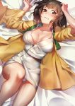  1girl absurdres arms_up bangs blurry blush breasts brown_hair depth_of_field eyebrows eyebrows_visible_through_hair from_above highres hiryuu_(kantai_collection) japanese_clothes kantai_collection kimono looking_at_viewer lying on_back on_bed open_clothes panties pantyshot pantyshot_(lying) pg_(pgouwoderen) sash short_hair solo underwear white_panties yellow_eyes 