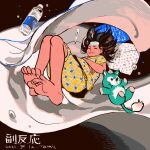  1girl bare_legs barefoot bed_sheet black_hair bottle bubble closed_eyes dated floating_hair highres original pillow print_shirt procreate_(medium) shirt short_sleeves signature solo thermometer tomidoron water_bottle 