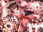  1girl animal_ears blush brown_eyes brown_hair cat_ears cat_tail chen danmaku dutch_angle fang glowing hat jewelry looking_at_viewer mob_cap multiple_tails niwaniwatori open_mouth puffy_sleeves shirt short_hair short_sleeves single_earring skirt skirt_set smile solo tail touhou vest 