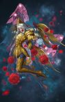  1boy arm_up armor blue_eyes drill_hair eclosion fingerless_gloves fish flower flower_in_mouth full_body gloves gold_armor high_heels long_hair male_focus midair petals pisces_aphrodite rose saint_seiya sky solo space star_(sky) starry_sky stiletto_heels white_hair white_rose wings 