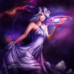  1girl alexandra_mae bare_shoulders blue_eyes blurry dress galaxy jewelry original pendant silver_dress silver_hair skirt_hold solo space strapless strapless_dress watermark web_address 