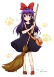  1girl 2016 :&gt; akatsuki_(kantai_collection) animal bag bangs blush bow breath broom cat closed_mouth cosplay dated dress full_body hair_bow highres holding_broom kantai_collection kiki kiki_(cosplay) legs_apart long_hair majo_no_takkyuubin moca_blanc paw_print purple_hair red_bow shoes short_sleeves shoulder_bag smile solo standing twitter_username visible_air white_background 