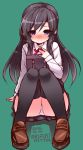  1girl asashio_(kantai_collection) bangs black_hair black_legwear blush cosplay dated foreshortening full_body green_background kantai_collection kasumi_(kantai_collection) kasumi_(kantai_collection)_(cosplay) loafers long_hair long_sleeves looking_at_viewer neck_ribbon panties pantyshot pantyshot_(sitting) pleated_skirt remodel_(kantai_collection) ribbon richou_(zerozero1101) school_uniform shoes simple_background sitting skirt smile solo suspenders swept_bangs thigh-highs twitter_username underwear violet_eyes white_panties 