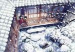  architecture bangs bare_tree black_hair blurry depth_of_field dog east_asian_architecture from_above open_mouth original outdoors sasakure_(mogunonbi) shiba_inu snow snowing tile_roof tree winter 