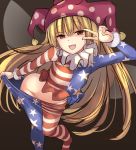  1girl american_flag_legwear american_flag_shirt bangs blonde_hair clownpiece collar fairy_wings frilled_collar frills from_above hat janne_cherry jester_cap long_hair looking_at_viewer no_panties open_mouth pantyhose pantyhose_pull polka_dot pulled_by_self red_eyes simple_background solo standing touhou v very_long_hair wings 