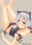  1girl animal_ears blue_eyes blush breasts cat_ears cat_keyhole_bra cleavage cleavage_cutout eyes_visible_through_hair hair_ornament hair_over_one_eye hairclip hamakaze_(kantai_collection) highres jacob_dream_world kantai_collection large_breasts panties short_hair side-tie_panties silver_hair solo underwear underwear_only 