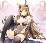  1girl 47agdragon :q animal_ears arm_support bare_shoulders black_gloves black_legwear blonde_hair blush breasts brown_eyes brown_hair choker cleavage covered_navel elbow_gloves frilled_gloves frilled_legwear frills gloves granblue_fantasy hair_ornament leotard licking_lips long_hair looking_at_viewer metella_(granblue_fantasy) mole mole_under_mouth naughty_face navel smile solo thigh-highs tongue tongue_out twintails 