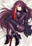  1girl armor armored_boots armored_dress bed black_dress bodysuit boots covered_navel covered_nipples danbouru dress fate/grand_order fate_(series) full_body gae_bolg highres long_hair lying on_side polearm purple_hair red_eyes reflection scathach_(fate/grand_order) shoulder_armor solo spear weapon 