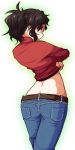  1girl alternate_costume alternate_hairstyle amagami arched_back ass back belt black_hair crossed_legs denim from_behind grey_eyes guriko_(mossari) halftone halftone_background highres hips jeans long_hair looking_back messy_hair pants ponytail red_shirt shirt shirt_lift sidelocks solo tanamachi_kaoru thighs turtleneck undressing white_background 