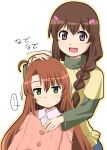  ... ahoge bangs blouse braid brown_eyes brown_hair commentary_request dress fujimiya_konomi green_eyes hair_between_eyes hair_ornament hair_over_shoulder hairclip hand_on_shoulder haniwa_(leaf_garden) head_rub koshigaya_komari long_hair looking_at_viewer non_non_biyori parted_bangs ponytail redhead smile spoken_ellipsis sweatdrop translation_request 