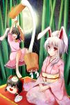  2girls alternate_costume alternate_hairstyle animal_ears bamboo bamboo_forest food forest full_moon highres inaba_tewi japanese_clothes kimono kine looking_at_viewer mallet mochi moon multiple_girls nature nengajou new_year obi pnoji rabbit rabbit_ears reisen_udongein_inaba sash smile touhou wagashi yukata yukkuri_shiteitte_ne 