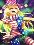  1girl american_flag_legwear american_flag_shirt bangs blonde_hair clownpiece collar frilled_collar frills hat highres jester_cap long_hair open_mouth outstretched_arms pantyhose polka_dot red_eyes rnkgmn sharp_teeth solo standing teeth touhou very_long_hair 