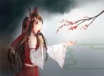  1girl bow branch brown_hair cover_image detached_sleeves fuyumori hair_bow hair_tubes hakurei_reimu highres long_hair looking_up outstretched_hand petals rain red_eyes red_ribbon ribbon sidelocks solo touhou very_long_hair water wide_sleeves 