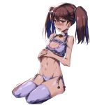  1girl bell bell_choker bikini blush brown_eyes brown_hair cat_cutout cat_lingerie choker kantai_collection navel open_mouth redcomet ryuujou_(kantai_collection) side-tie_bikini sitting small_breasts solo swimsuit thigh-highs twintails 