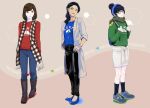  3girls alternate_costume black_hair choroko_(osomatsu-san) fashion glasses hair_bun jacket karako_(osomatsu-san) korkor_(kiskor) long_sleeves multiple_girls osoko_(osomatsu-san) osomatsu-san short_hair smile 