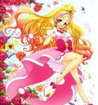  1girl :d blonde_hair bow cure_flora eyebrows floral_background flower full_body gloves go!_princess_precure green_eyes haruno_haruka highres long_hair looking_at_viewer magical_girl multicolored_hair noyuki1204 open_mouth petals pink_bow pink_hair pink_skirt precure red_rose rose shoes skirt smile solo streaked_hair thick_eyebrows two-tone_hair white_gloves white_shoes 