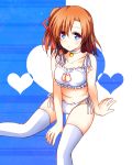  1girl arm_support bell blue_eyes blush breasts cat_cutout cat_keyhole_bra cat_lingerie choker cleavage fujisaki_kyouya jingle_bell kousaka_honoka looking_at_viewer love_live!_school_idol_project navel one_side_up orange_hair panties short_hair side-tie_panties sitting solo thigh-highs underwear underwear_only white_legwear 