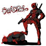  2boys blood blood_splatter character_name deadpool dual_persona firing foot_on_back gun hand_on_hip handgun headshot katana kneeling male_focus marvel motion_blur multiple_boys pouch shell_casing strap suparu_(detteiu) superhero sword weapon 