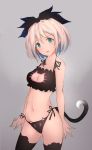  1girl alternate_costume arms_at_sides bangs bell bell_choker black_bow black_legwear black_panties blue_eyes bow cat_keyhole_bra cat_tail choker cowboy_shot grey_background hair_bow head_tilt jingle_bell looking_at_viewer navel original panties rorona_s. short_hair side-tie_panties simple_background sketch solo stomach tail thigh-highs underwear underwear_only whiskers 