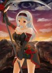  1girl breasts canyon cleavage clouds flower gothic_lolita highres large_breasts lolita_fashion original rose scythe silver_hair sunset thick_thighs thighs 