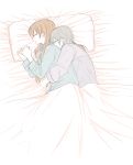  2girls anastasia_(idolmaster) bowwow_(hamju94) brown_hair closed_eyes hug hug_from_behind idolmaster idolmaster_cinderella_girls long_hair lying multiple_girls nitta_minami on_side profile short_hair silver_hair sleeping yuri 